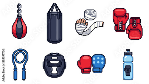 Retro pixel art boxing gear set including gloves, punching bags, and protective equipment