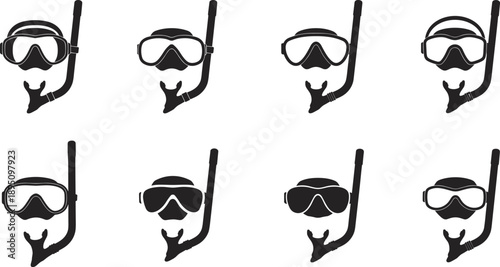 Set of snorkeling mask and snorkel silhouette vector illustration, diving equipment design for underwater swimming, scuba gear isolated icon
