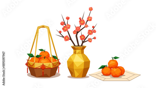 Geometric spring festival: vases and mandarins with plum blossoms