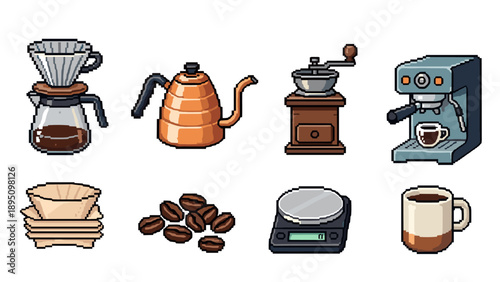 Vintage coffee elements in pixel art style: grinder, kettle, espresso machine, beans, cup