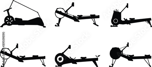 Set of six rowing machine silhouette vector illustrations, modern fitness exercise equipment icons for gym workout and health training design