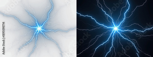 Abstract blue lightning burst with radial electric energy discharge on white, transparent or dark backgrounds