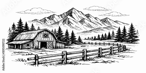 Traditional alpine church standing in a snow-capped mountain landscape with a wooden forest cabin and green summer meadow under a blue Switzerland sky