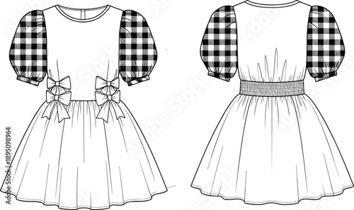 Fashion Technical Illustration of a Girls Summer Dress with Plaid Puff Sleeves and Bow Details for Apparel Design Clothing Manufacturing and Coloring Book Concept