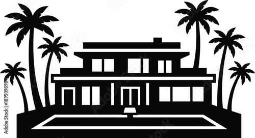 Minimal vector silhouette, luxury villa with palm trees, solid black, isolated on white.