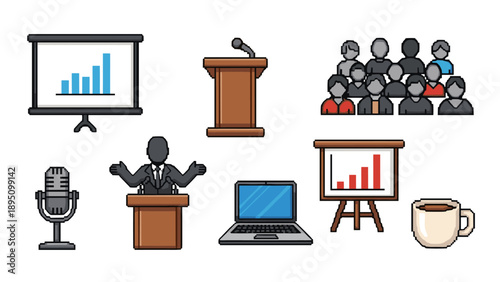 Business presentation elements with flat design icons for conferences