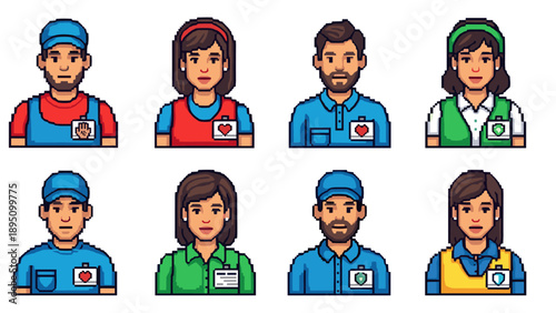 Pixel art portraits of diverse workers in uniforms