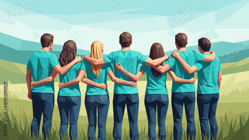 Group of friends embracing outdoors in low poly style