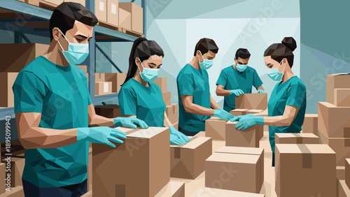 Warehouse workers wearing masks and gloves organizing boxes in low poly style