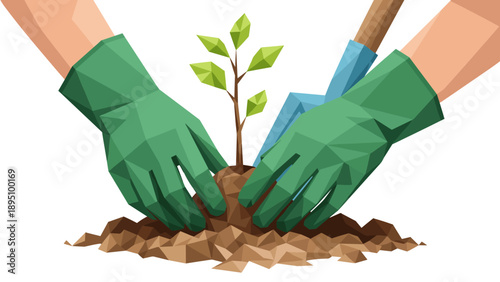 Polygonal style planting: hands in gloves nurturing a young sapling