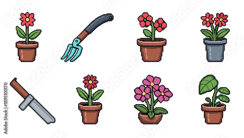 Pixel art garden tools and potted flowers collection