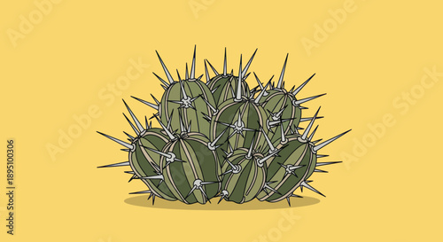 Illustrated Cactus Cluster on Yellow Background