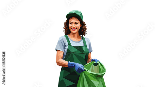 Low poly art of a smiling woman in green apron and gloves holding a trash bag