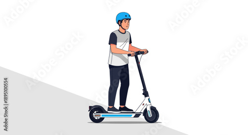 Young man wearing a helmet rides an electric scooter.