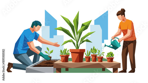 Urban gardening teamwork with geometric style in cityscape background