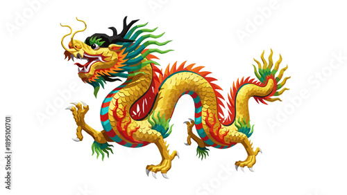 Colorful chinese dragon with scales and flames on white background
