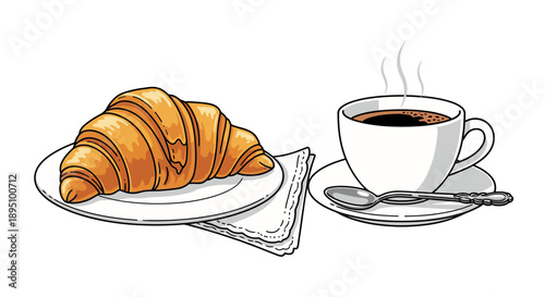 A steaming cup of coffee and a croissant on a saucer, illustration of a breakfast scene from a close-up viewpoint on a table