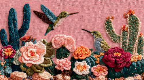 Detallado bordado artesanal con colibríes y flores exóticas del desierto, fondo textil maximalista con patrón de cactus y colibrí bordado, primer plano macro de artesanía de bordado