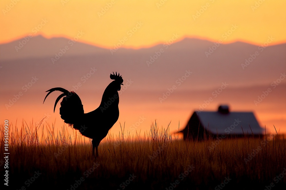 Fototapeta premium Crowing rooster at sunrise over distant mountains and farmhouse Generative AI