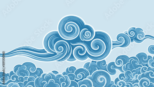 Elegant blue swirling clouds in asian art style on light sky background