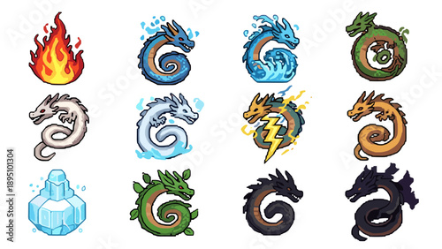Pixel art elemental dragons with fire, water, and ice themes