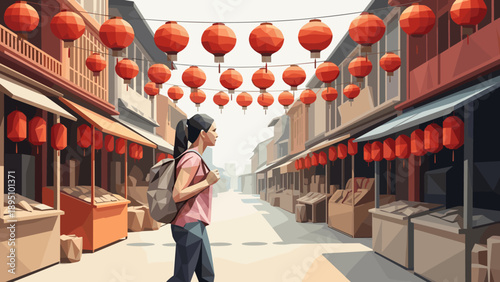 Traveler exploring vibrant chinese lantern street market in geometric art style