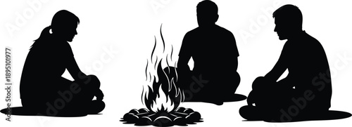 Friends sitting around campfire silhouettes, outdoor camping conversation and social bonding concept, black and white vector illustration, night nature gathering artwork
