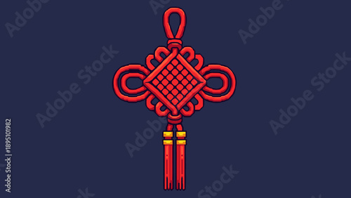 Traditional chinese knot icon on dark background with red tassels