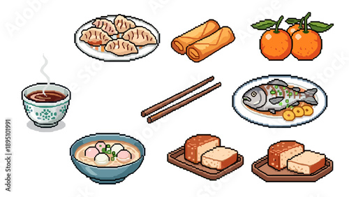 Diverse asian cuisine in pixel art style: dumplings, spring rolls, tea, and more