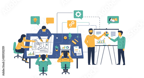 Vector illustration of people brainstorming and working together on a project, with sticky notes and whiteboards, for presentation or website