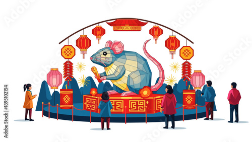 Vibrant lunar new year celebration with lanterns and paper rat display