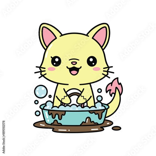 Cute cartoon kitten taking bubble bath in blue tub with playful joy and splashing water