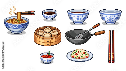 Pixel art chinese cuisine collection with bowls, dim sum, and chopsticks