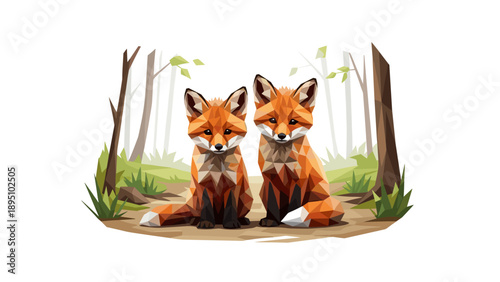 Colorful geometric foxes in a forest scene with polygonal design