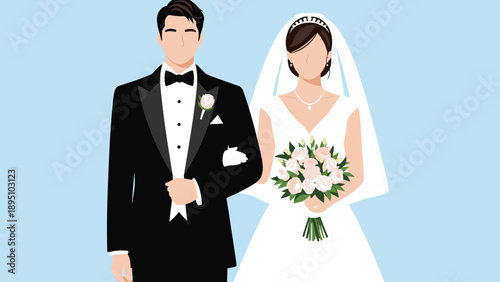 Elegant wedding couple in tuxedo and gown with bouquet on blue background