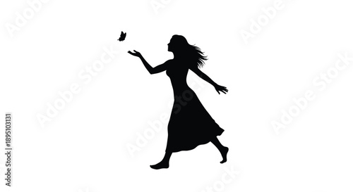 Woman reaching for a butterfly in a striking black silhouette