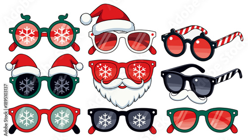 Christmas Santa Sunglasses Vector Set, Festive Holiday Eyewear Collection with Snowflake Patterns, Santa Claus Beard Glasses and Candy Cane Stripes for Party Photo Booth Props Design