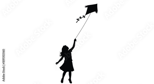 A child flying a kite with outstretched arms black silhouette