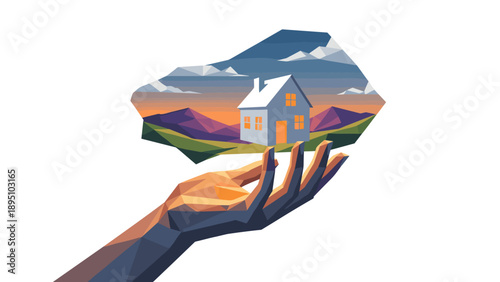 Geometric hand holding home amidst mountains at sunset