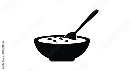 A simple black silhouette of a cereal bowl with a spoon
