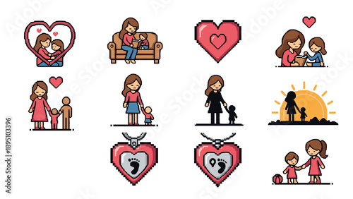 Heartwarming pixel art depictions of family love and togetherness in cute cartoon style