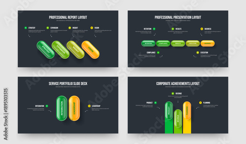 Sales Strategy 4 5 2 3 Element Diagram Slide Design Bundle. Corporate Solution Four Five Two Three Step Infographic Presentation Template Vector Illustration Collection.