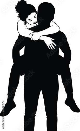 Romantic couple piggyback silhouette, loving man carrying woman, relationship affection concept, playful romance pose, human connection, isolated vector illustration