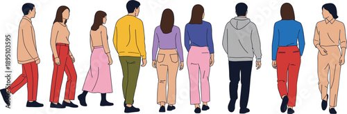 People walking back view illustration set, diverse men and women casual outfits, urban lifestyle characters, flat modern vector isolated on white background