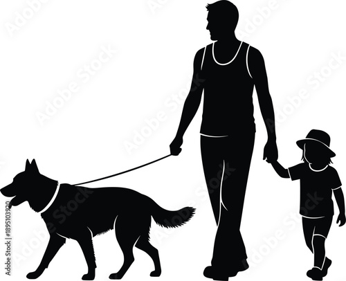 silhouette, father, man, child, kid, dog, family, walking, leash, pet, parenthood, bonding, outdoor, vector, illustration, 