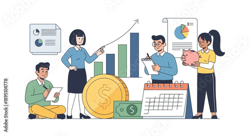 Illustration of a diverse business team collaborating on financial planning and investment strategy, surrounded by charts, money, and a calendar, symbolizing growth and savings.