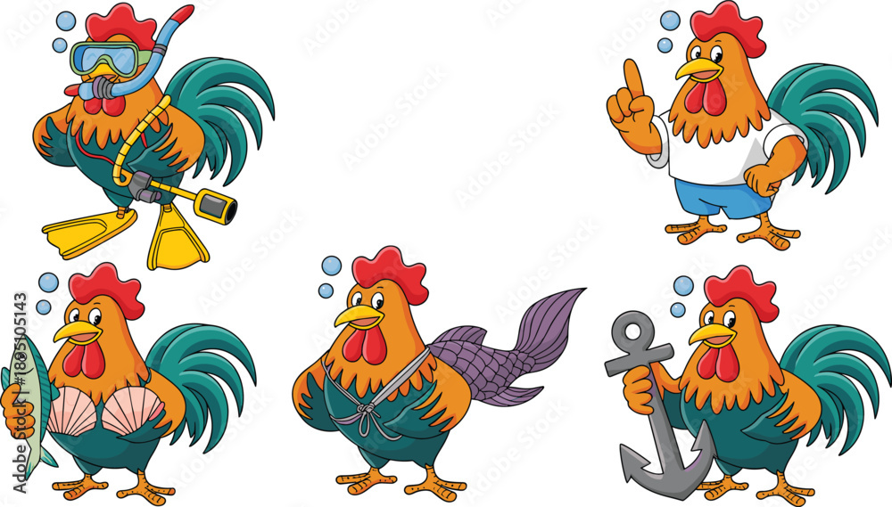 Obraz premium Cartoon rooster underwater, funny chicken characters, scuba diving bird, mermaid rooster design, humorous poultry artwork, festive animal illustration, creative mascot icon