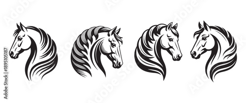 Elegant black and white vector illustrations of four horse heads with flowing manes.