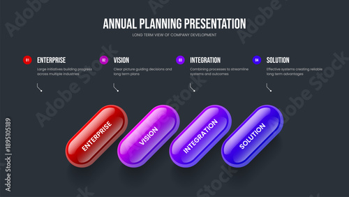 Marketing Growth 4 Step Infographic Presentation Design. Enterprise Forecast Four Element Diagram Frame Layout. Corporate Briefing Slideshow Template Vector Illustration.