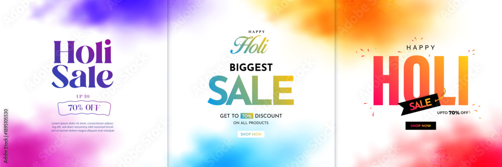 Naklejka premium Happy Holi Sale social media feed template. Holi sale advertisement with vibrant colors. Vector illustration of Happy Holi Sale banner template for app and website